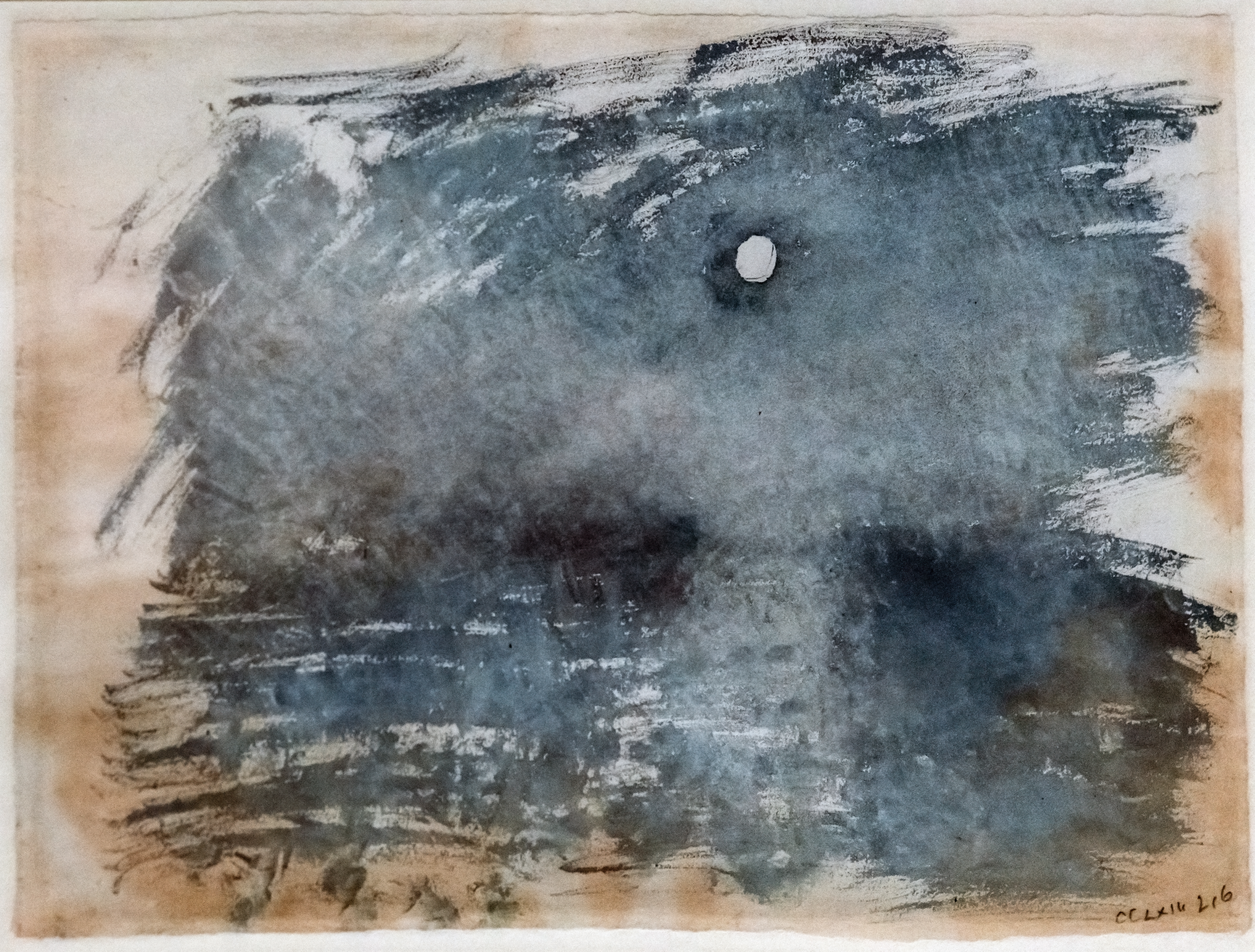A deep copper-red eclipsed full moon rising over calm dark water